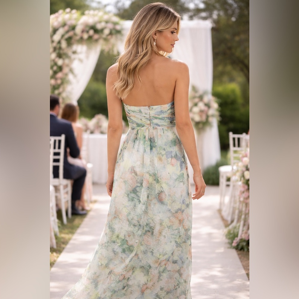 David's Bridal Strapless Pastel Floral Maxi Dress - Mint & Blush - Picture 2 of 9